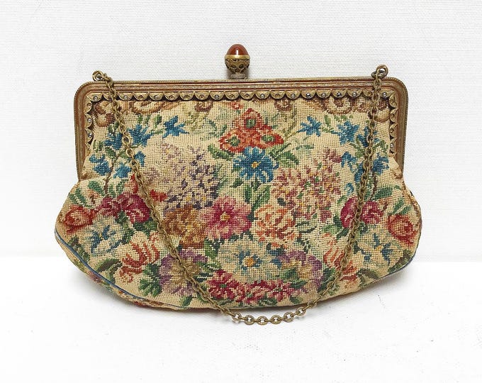 Antique Art Deco Petit Point Tapestry Bag / Floral Embroidery / Clutch / Evening Bag with Chain / Gold, with Hand Mirror and Comb