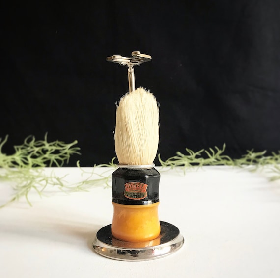 Antique bakelite shaving brush "Hygiena" / shaving brush stand - holder made of metal / barber / vintage