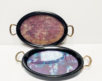 Antique Art Nouveau tray, marbled glass tray / serving tray made of wood & glass, black with handles