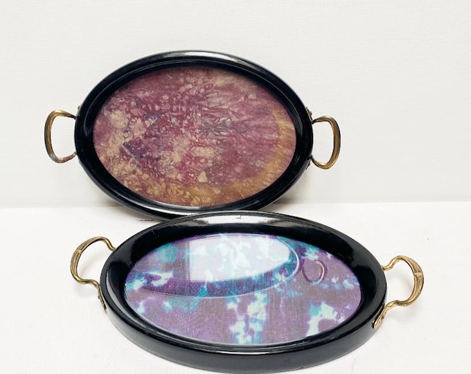 Antique Art Nouveau tray, marbled glass tray / serving tray made of wood & glass, black with handles
