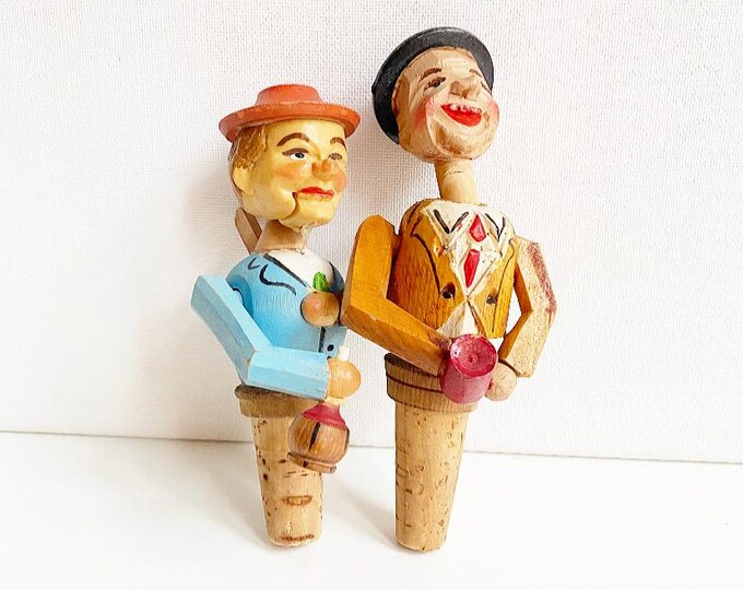 Vintage mechanical wine bottle stopper, Anri folk art, figurative wooden bottle stopper, "Cannobio" Italy, set of two