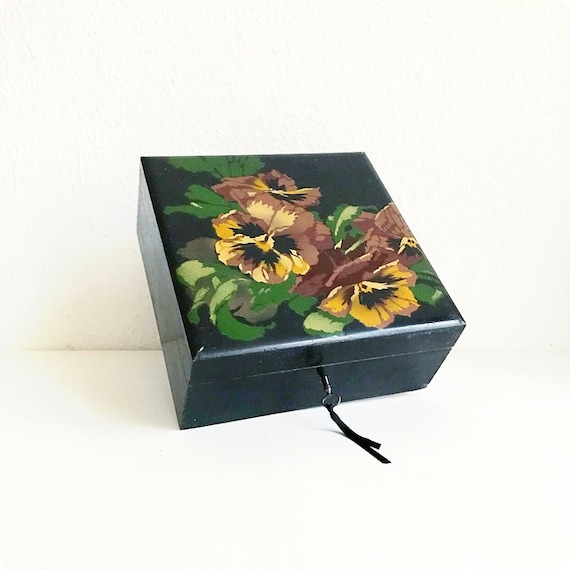 Antique Art Deco wooden box, lockable chest, pansy motif box - black with flowers