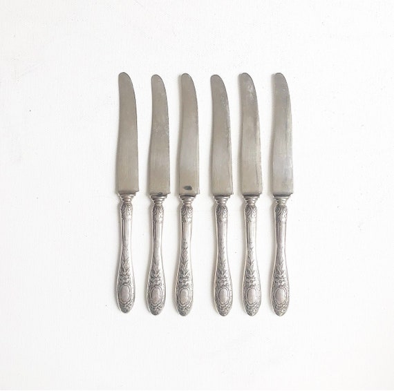 Antique fruit knife, silver plated / Floral motif with placeholder for a monogram / Set of 6 small knives