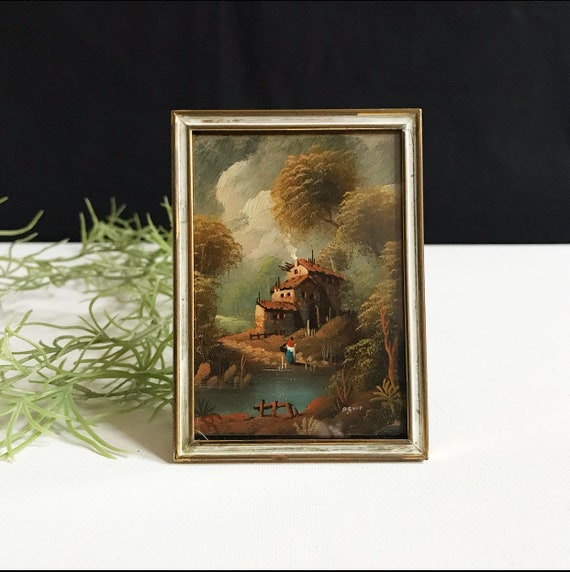 Vintage Miniature Oil Painting / Little Bay / Lake / Landscape / Signed