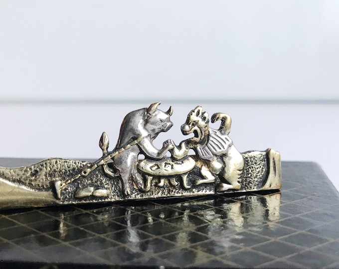 Vintage 925 Sterling Silver "Bull and Bear Motif Tie Clip Bicolor, Gold Plated / Stock Market Theme / B&B Hallmark, Tie Clip
