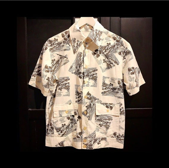 True Vintage men's shirt, short sleeves, house - boat - motif, cream - black / 100% cotton / 50's fashion, retro