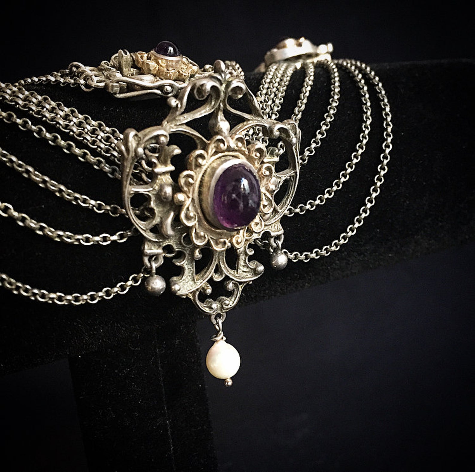 Sumptuous Bartel & Sohn traditional costume necklace /825 silver with amethyst cabochons and pearl/gold-plated /vintage