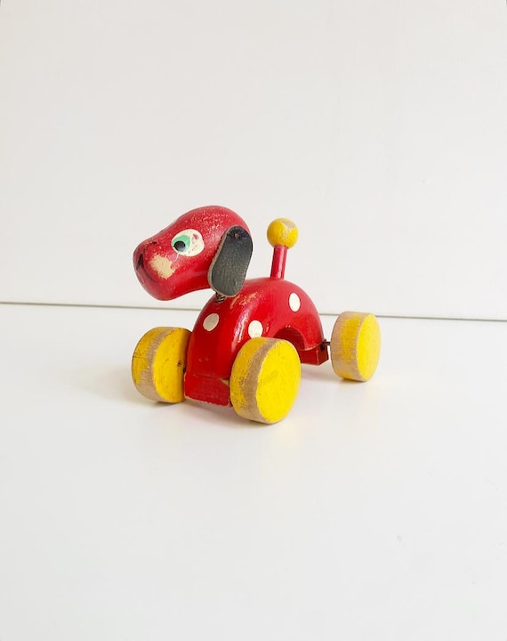 Vintage pull-along toy, dachshund dog, wooden pull-along dog, toy