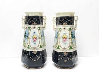 Antique Art Deco Kinjo Nippon, Japan Fireplace Vase Set Cinema, Hand Painted