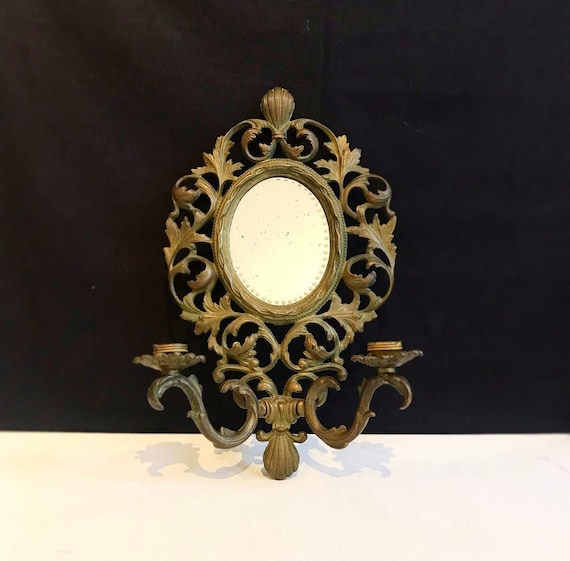 Vintage wall sconce, candle holder with mirror in Rococo style / brass bronze