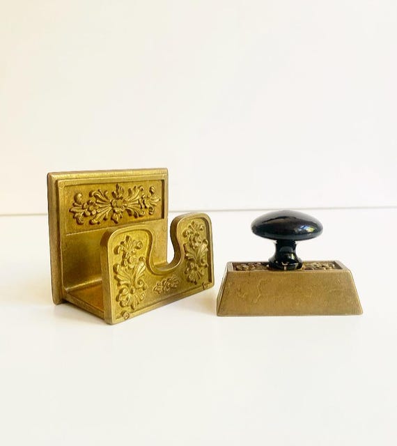 Vintage brass stamp with holder, antique style desk utensil