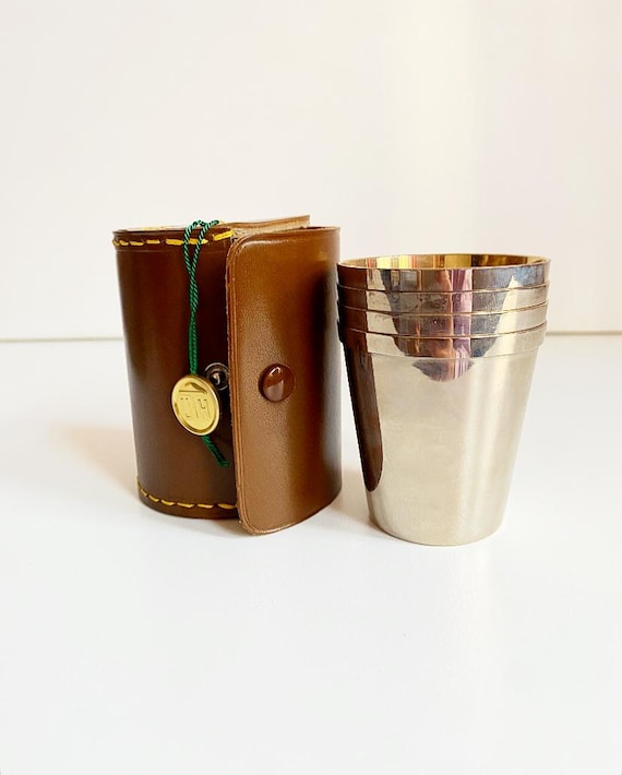 Vintage Set Stackable Shot Glasses / Shot Glasses / Gold Plated Stainless Steel / Leather Case / Travel / On the Go