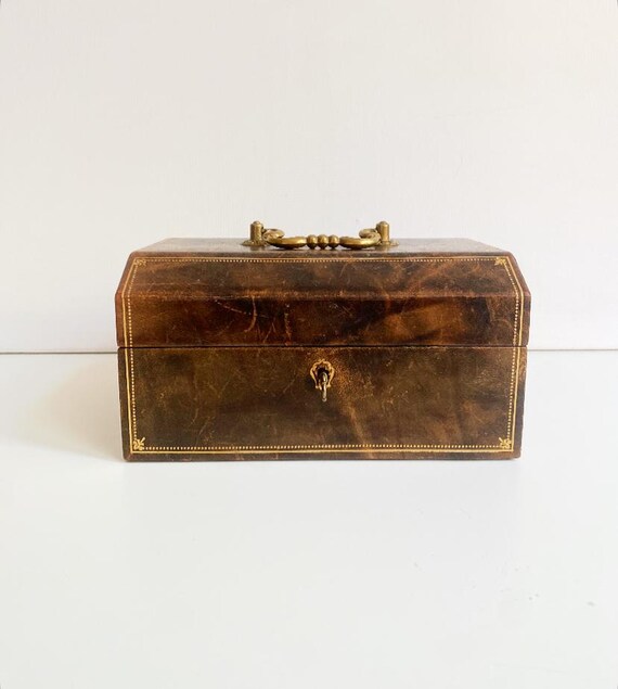 Antique leather jewelry box / brown / gold embossing / made in Italy / storage / jewelry box / vintage