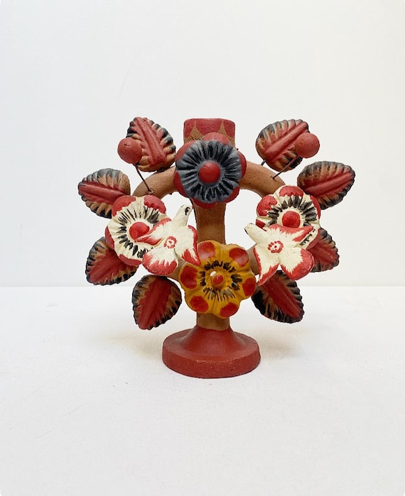 Vintage Mexican Tree of Life, Candelabra, Naive Art, Vintage Candle Holder, Mexican Folk Art, 70s, Terracotta