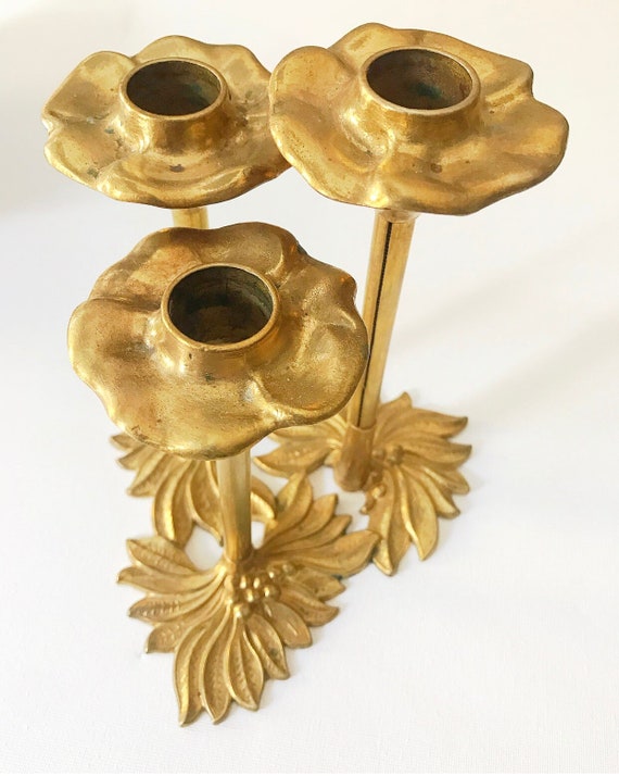 Vintage brass candlestick, candle holder / 3 flames, floral / candlestick / Italy