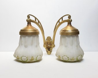 Original antique Art Nouveau wall lamp made of brass / biscuit porcelain shades - white green, floral