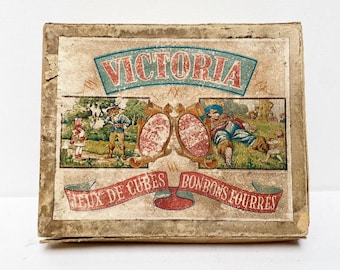 Antique Art Deco dice game "Victoria Cube Games, Filled Candies", chocolate factory, Belgian, children's dice game with motifs