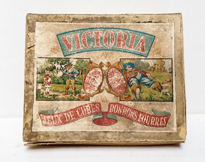 Antique Art Deco dice game "Victoria Cube Games, Filled Candies", chocolate factory, Belgian, children's dice game with motifs