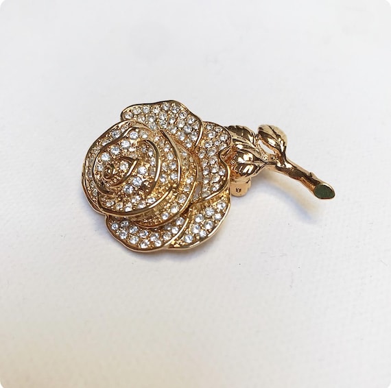 Vintage Original "DIOR" Rose Brooch with Zirconia / Brass - Gold Plated / Designer Christian Dior, Rose, Rhinestone Costume Jewelry
