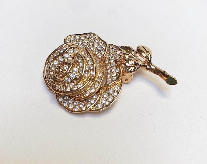 Vintage Original "DIOR" Rose Brooch with Zirconia / Brass - Gold Plated / Designer Christian Dior, Rose, Rhinestone Costume Jewelry