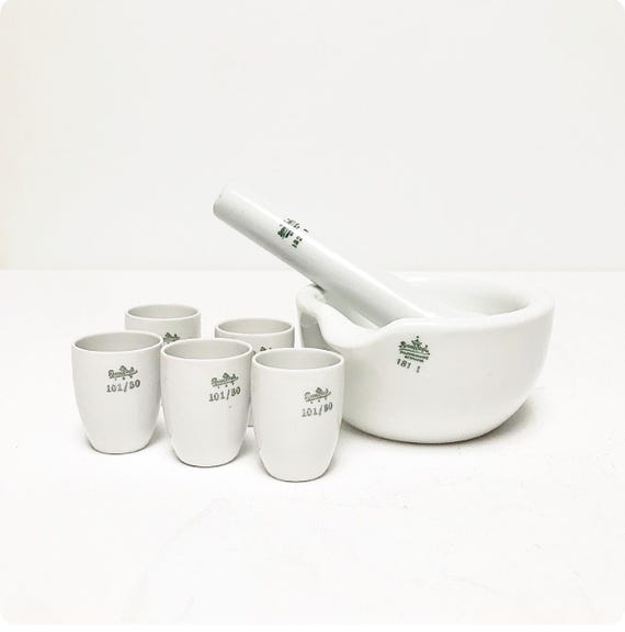 Vintage Porcelain Rosenthal Mortar 181/1 with Pestle 182/1, Porcelain Crucible 101/30, Laboratory Bowls, 50s