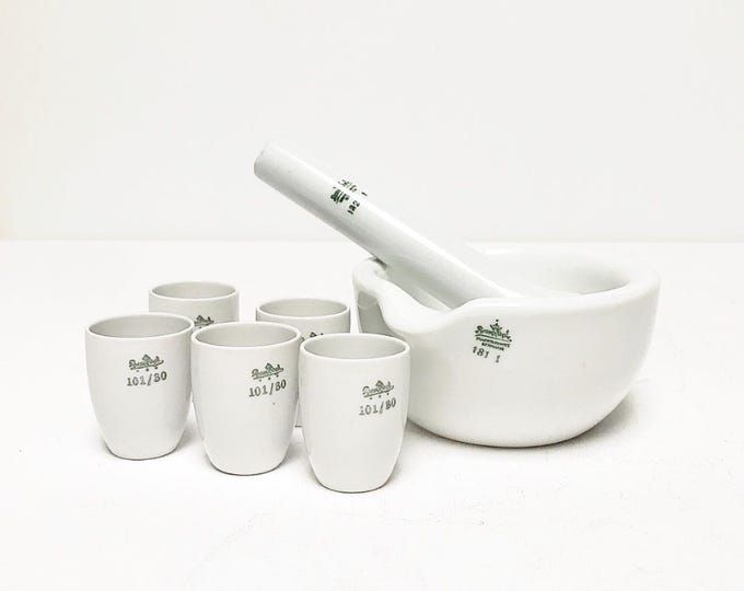 Vintage Porcelain Rosenthal Mortar 181/1 with Pestle 182/1, Porcelain Crucible 101/30, Laboratory Bowls, 50s