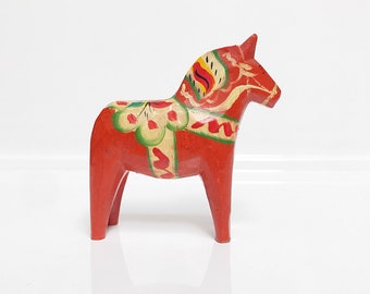 Vintage, Dala horse - Sweden / hand painted wooden horse, orange / Scandinavia