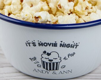 Personalised Movie Night Bowl, Personalised Enamel Bowl, Housewarming Gift, Enamelware, Couples Gift, Wedding Gift, Popcorn Bowl