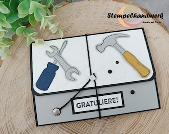 Stylische Karte für Geld- oder Gutscheingeschenke Werkzeug Handwerker Hausbau inkl. Umschlag