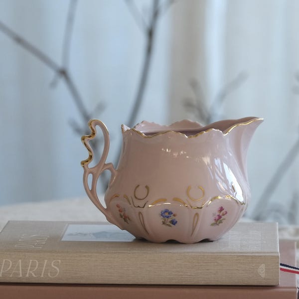 Milk jug, delicate rose gold porcelain, millefleur, pink and white, brocante, shabby chic, country style, teacup, tea service