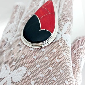 Art Deco Red and Black Tulip Ring – Cloisonné Enamel on Fine Silver, Bold Statement Jewelry
