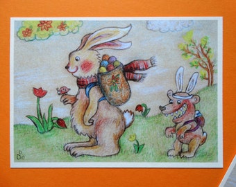 Osterkarte "Hase und Bär" - Postkarte A6 - Recycling