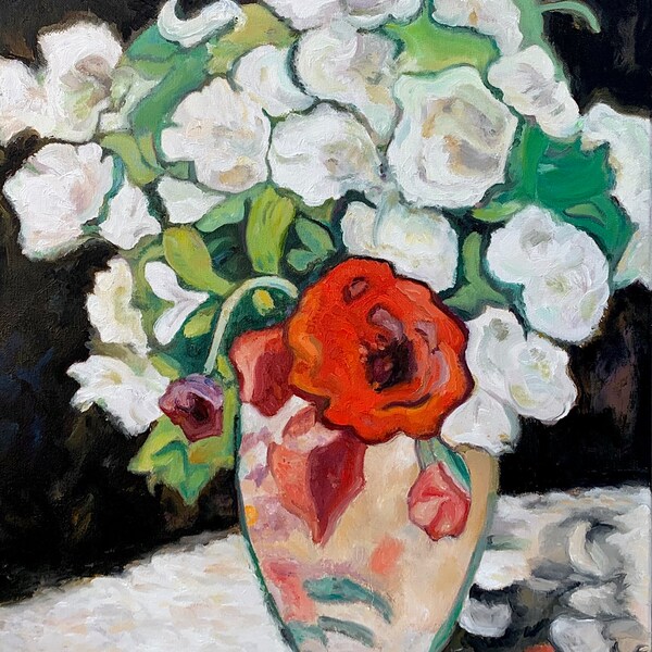 Original impressionist oil painting on canvas. Flowers in vase French still life floral Cezanne feel. white, hand painted/no print, fine art