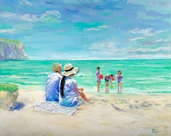 Strand – Original impressionistisches Ölgemälde, farbenfrohe Meereslandschaft, Monet-artiger wunderschöner Ozean, zeitgenössische Kunst, Insellandschaft, Sonnenschein, fröhlich