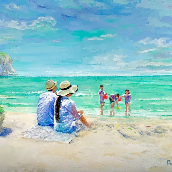 Beach- Original impressionist oil painting colorful seascape Monet-ish beautiful ocean contemporary art island landscape sunshine joyful