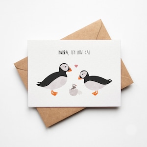 Karte zur Geburt mit niedlichen Papageientauchern, genderneutrale Baby Karte für Geschenk, Glückwünsche zur Geburt, Postkarte A6-Format