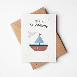 Karte zur Konfirmation mit Boot und Taube, illustrierte Glückwunschkarte zur Kommunion, Naturpapier Karte