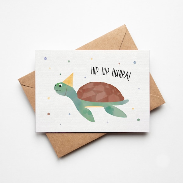 Karte Hip Hip Hurra /  Schildkröte Party Witzig / Glückwunsch Geburtstag / Postkarte A6 Naturpapier