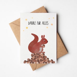 Postkarte Danke / Eichhörnchen / Eltern Freunde /  Postkarte A6 Naturpapier / Grußkarte