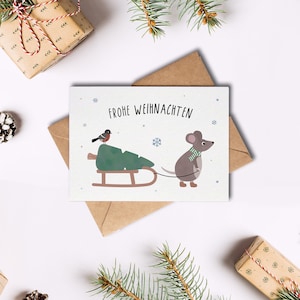 Weihnachtskarte Maus / Frohe Weihnachten / Postkarte A6 Naturpapier
