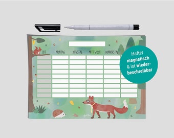 abwischbarer Stundenplan mit Waldtieren, Fuchs, Igel, magnetisch & abwischbar, Geschenke für Schulkinder, Stundenplan A4