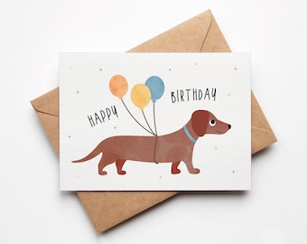 Geburtstagskarte Dackel, Hund / Happy Birthday / Postkarte A6 Naturpapier / Grußkarte / Glückwunsch