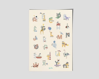 Alphabet poster ABC, learning poster A3 / Animals and objects / Children's room decoration for boys and girls