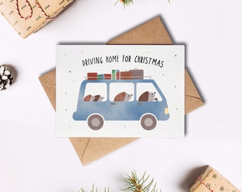 Weihnachtskarte Igel-Familie im Bus / Driving Home for Christmas / Postkarte A6 Naturpapier