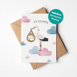 Gender-Reveal Rubbelkarte, Baby Geschlecht Verkündung zum Aufrubbeln, Spiel für Babyparty, Babykarte Storch, Glückwunschkarte