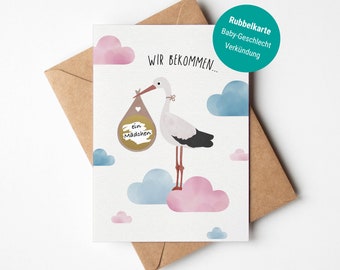 Gender-Reveal Rubbelkarte / Baby Geschlecht Verkündung zum Aufrubbeln / Babykarte Storch / Glückwunschkarte / Postkarte A6 Naturpapier