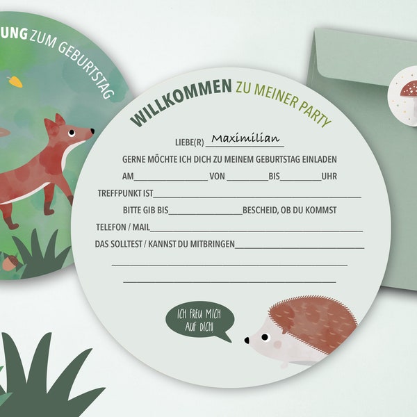 Einladungskarte Waldtiere Geburtstag / Karte + Kuvert + Sticker / Kindergeburtstag Einladung Fuchs, zum Ausfüllen