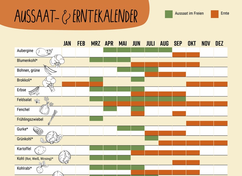 Aussaat und Erntekalender für Gemüse // Heimische Sorten - Etsy.de