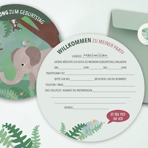 Geburtstagseinladung Dschungel-Tiere Party / Karte + Kuvert + Sticker / Kindergeburtstag Wilde Tiere, zum Ausfüllen