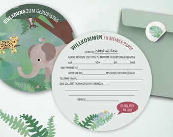 Geburtstagseinladung Dschungel-Tiere Party / Karte + Kuvert + Sticker / Kindergeburtstag Wilde Tiere, zum Ausfüllen